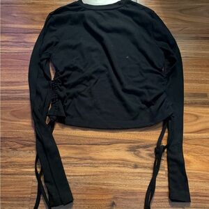 Black Long-Sleeve Tie-Side Ribbed Top